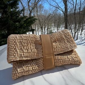 NOVINSKA Tan Woven Foldover Raffia Clutch Bag Lamb Leather